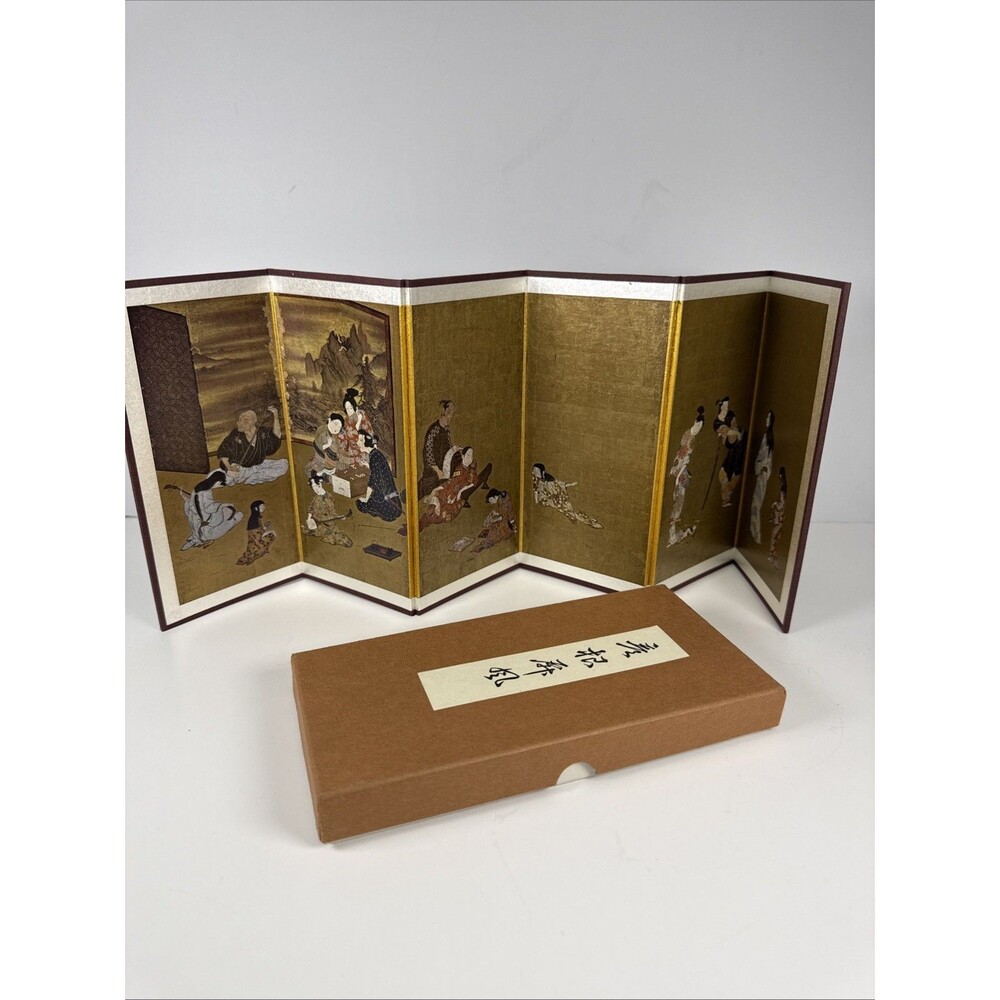 Vintage Hikone Byobu Mini Folding Screen Replica Japan 19"×7" National Treasure